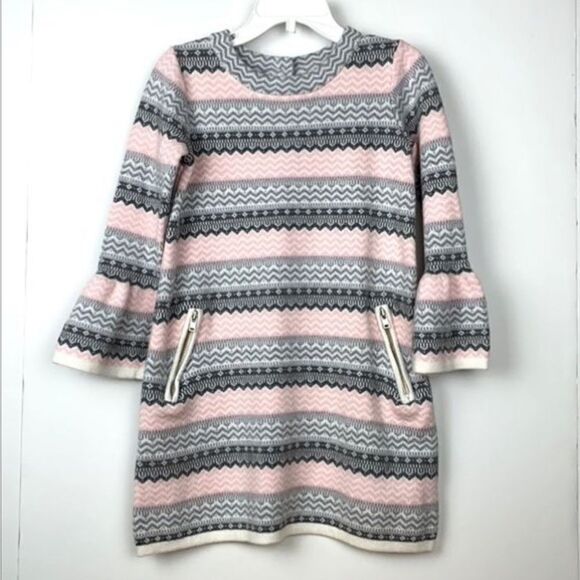 Janie and Jack Fair Isle Sweater Dress Pink Gray Bell Sleeve Zip Pockets Size 4 - Picture 3 of 10